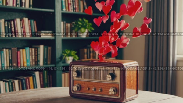 Vintage Radio Emitting Flowing Red Hearts in a Cozy Library. Стоковое видео, видеограф Данил Руденко / Фотобанк Лори