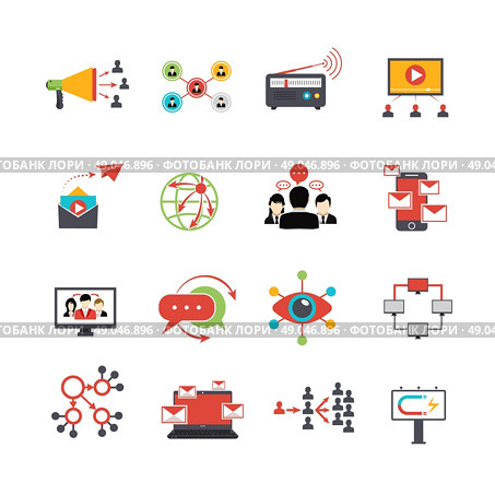 Viral marketing technique flat icons set. Viral marketing advertisement replicating technique via social media service technologies flat icons set abstract isolated vector illustration. Стоковая иллюстрация, агентство Ingram Publishing / Фотобанк Лори