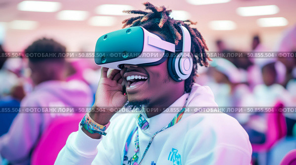 Virtual Immersion: Man experiencing virtual reality with headset and headphones, showing a joyful, futuristic tech interaction. Стоковое AI-изображение, AI-художник Данила Большаков / Фотобанк Лори