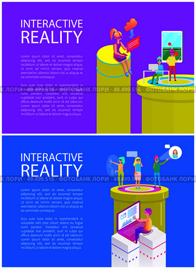 Virtual reality text sample on posters set vector. Innovative technologies, people using vr glasses. Male playing table tennis, women talking chatting. Virtual Reality Text on Posters Vector Illustration. Стоковая иллюстрация, агентство Ingram Publishing / Фотобанк Лори