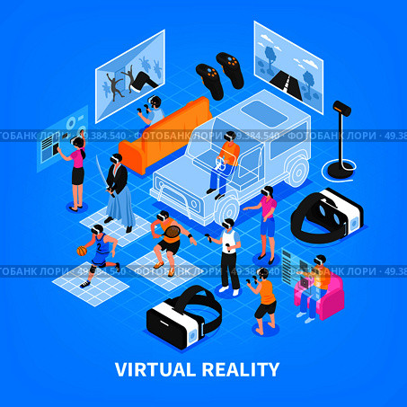 Virtual reality vr experience simulators training games portable gadgets headsets displays isometric composition background poster vector illustration   . Virtual Reality Isometric Composition . Стоковая иллюстрация, агентство Ingram Publishing / Фотобанк Лори