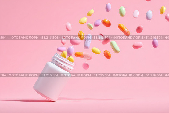 Vitamin and health supplement white blank bottle with colorful pills flying out on a pink background. Flat lay, top view. Space for text. Bottle of various types multivitamins and tablets composition. Стоковое AI-изображение, AI-художник Марина Демидюк / Фотобанк Лори