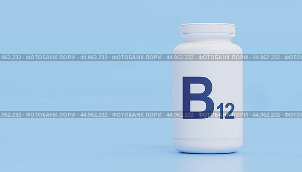 Vitamin B12 Supplement Bottle Blue Background, Essential Nutrient Health,B12 Dietary Support, Wellness Product, Medical Prevention, Energy Boosting Pills. Стоковое фото, фотограф Павел Муравьев / Фотобанк Лори