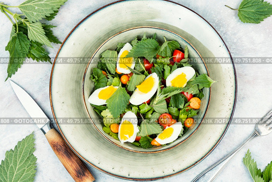 Vitamin salad with nettles, tomatoes and eggs. Healthy eating. Green food. Flat lay. Salad with stinging nettle leaves and egg. Стоковое фото, агентство Ingram Publishing / Фотобанк Лори
