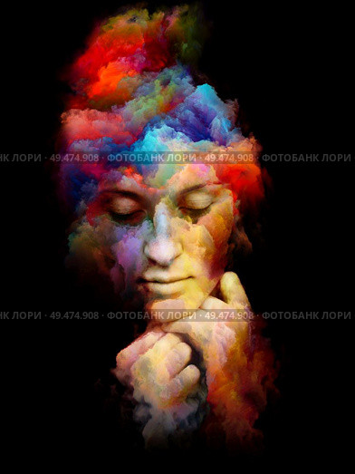Vivid Portrait. Inner Color series. Abstract design made of  human face and abstract colors isolated on black background relevant for art, design and psychology. Стоковое фото, агентство Ingram Publishing / Фотобанк Лори