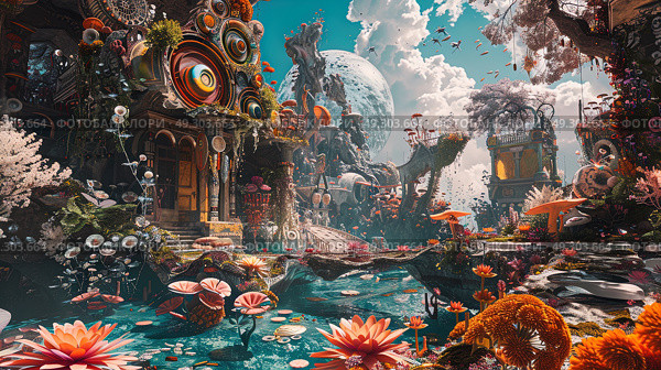 Vivid underwater fantasy scene with colorful mushrooms, exotic plants, and fanciful fish. High-resolution digital artwork that captures a magical aquatic ecosystem. Mystical ocean floor concept. Стоковое AI-изображение, AI-художник Konstantin Plotnikov / Фотобанк Лори