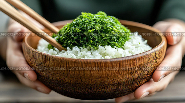 Вкусная миска пропаренного риса, посыпанная свежими зелеными водорослями. Стоковое AI-изображение, AI-художник ФотоИнтеллект / Фотобанк Лори