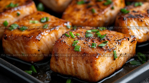 Вкусная треска, маринованная в мисо с зеленым луком, крупным планом. Стоковое AI-изображение, AI-художник ФотоИнтеллект / Фотобанк Лори