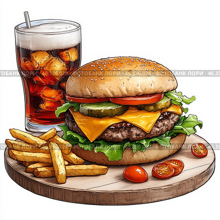 Вкуснаяhamburguesa с расплавленным сыром, картофелем фри и освежающим напитком для настоящих гурманов. Стоковое AI-изображение, AI-художник Сергей Милянчиков / Фотобанк Лори