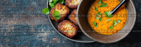Вкусное блюдо японской кухни с ярко-оранжевыми рыбными котлетами и острым соусом для макания. Стоковое AI-изображение, AI-художник ФотоИнтеллект / Фотобанк Лори