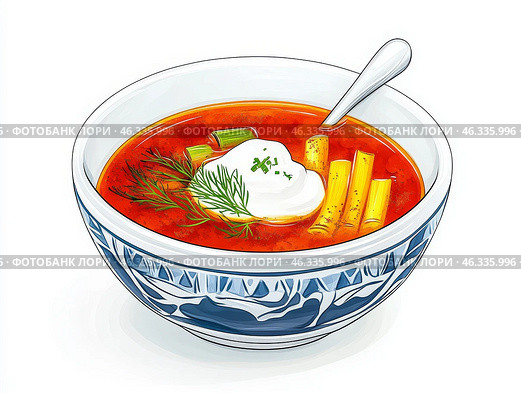 Вкусный украинский суп в тарелке с свежими ингредиентами и сметаной. Стоковое AI-изображение, AI-художник Сергей Милянчиков / Фотобанк Лори