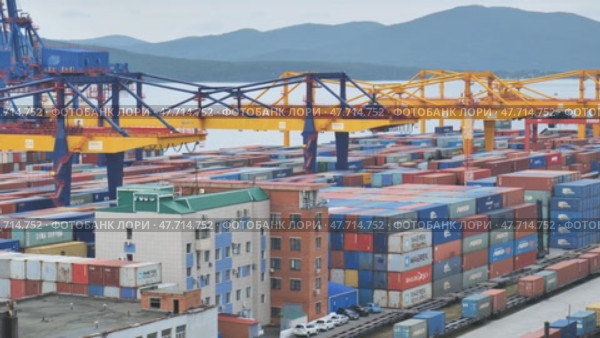Vladivostok, Russia - August 9, 2021: Cargo terminal at russian port Vladivostok. Редакционное видео, видеограф Mikhail Davidovich / Фотобанк Лори