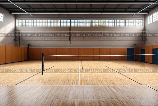 Volleyball court with net in old school gym, top view, copy space. Backdrop sports image of volleyball courts in sport hall. Concept of team game, active match, healthy lifestyle and team success. Стоковое AI-изображение, AI-художник Aleksandr Golubev / Фотобанк Лори