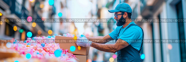 Volunteer Packing Colorful Treats in City Setting: man in blue shirt and cap carefully packs colorful treats into boxes amidst festive city street scene. Стоковое AI-изображение, AI-художник Данила Большаков / Фотобанк Лори