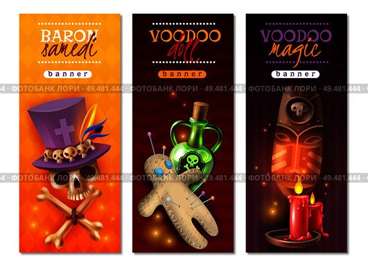 Voodoo religious occult practices with doll colorful pins love hate revenge messages 3 vertical banners vector illustration . Voodoo Rituals Banners. Стоковая иллюстрация, агентство Ingram Publishing / Фотобанк Лори