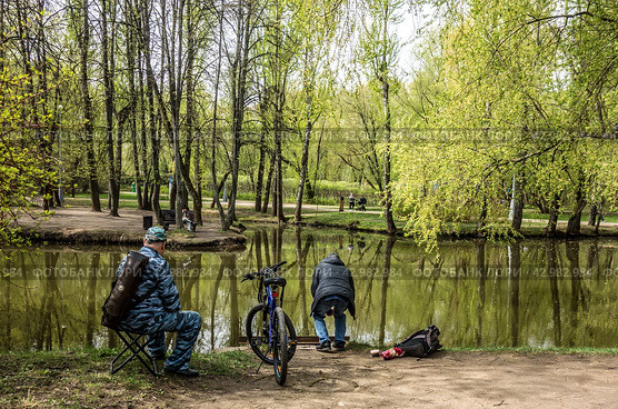 Воронцовский парк, Москва, Россия, Воронцовский пруд (2024 год). Рыбаки ловят рыбу, весна. Редакционное фото, фотограф Iva Noel / Фотобанк Лори