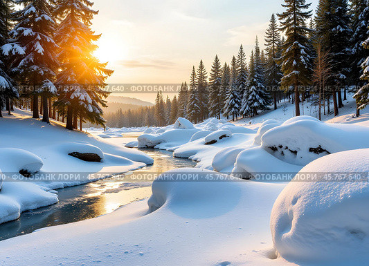 Восход солнца. Зимний пейзаж с незамерзающим ручьем. Sunrise. Winter landscape with unfrozen stream. Стоковое AI-изображение, AI-художник Гер Олег / Фотобанк Лори