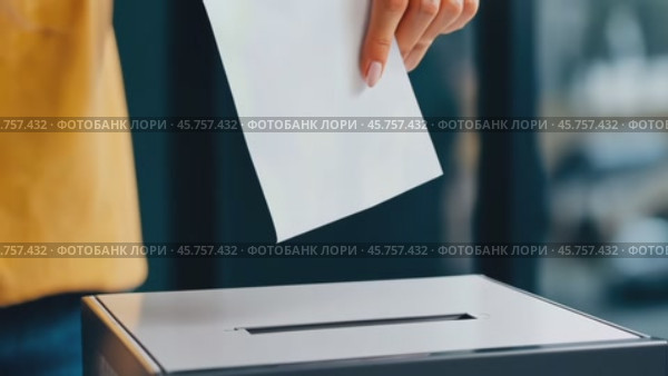 Vote. Young woman with Ballot paper in front of Voting box. Election. Voter Holds Envelope In Hand Above Vote Ballot On Blurred Background. Freedom Voter choice, election action. Democracy, civic duty. Стоковое AI-видео, аниматор Марина Демидюк / Фотобанк Лори