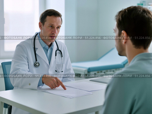 Врач консультирует пациента в поликлинике / The doctor consults the patient in the clinic. Стоковое AI-изображение, AI-художник Валерий Лукин / Фотобанк Лори