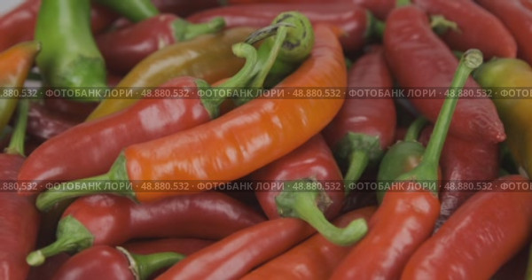 Вращающаяся горка спелых острых перцев. Овощной фон. Крупный план. Стоковое видео, видеограф Александр Собко / Фотобанк Лори