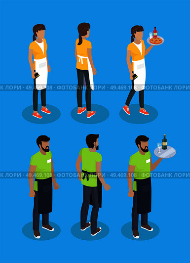 Waitress and waiter icons set. Female wearing apron carrying tray with wine bottle glass Italian pizza. Man serving drinks servant isolated on vector. Waitress and Waiter Icons Set Vector Illustration. Стоковая иллюстрация, агентство Ingram Publishing / Фотобанк Лори