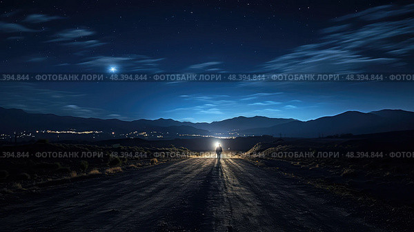 walking road night stars ai generated. Стоковое AI-изображение, AI-художник Vectorwin / Фотобанк Лори