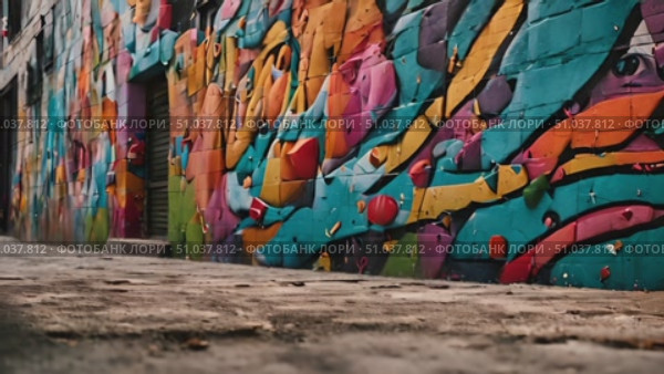 Wall adorned with an array of colorful graffiti art, showcasing a diverse range of artistic styles and imagery. Стоковое AI-видео, аниматор Данила Большаков / Фотобанк Лори