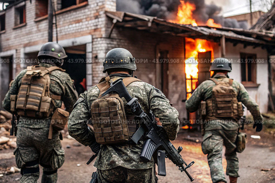 War. Military actions. Soldiers of the elite anti-terrorist unit of the army among the broken buildings. Clearing the territory from the enemy. Стоковое AI-изображение, AI-художник Photojuli / Фотобанк Лори
