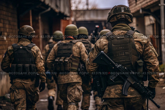 War. Military actions. Soldiers of the elite anti-terrorist unit of the army among the broken buildings. Clearing the territory from the enemy. Стоковое AI-изображение, AI-художник Photojuli / Фотобанк Лори