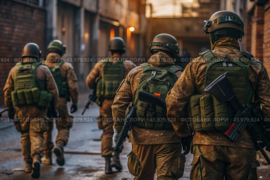 War. Military actions. Soldiers of the elite anti-terrorist unit of the army among the broken buildings. Clearing the territory from the enemy. Стоковое AI-изображение, AI-художник Photojuli / Фотобанк Лори