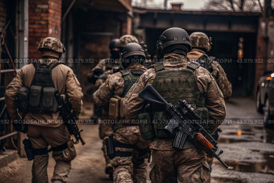 War. Military actions. Soldiers of the elite anti-terrorist unit of the army among the broken buildings. Clearing the territory from the enemy. Стоковое AI-изображение, AI-художник Photojuli / Фотобанк Лори
