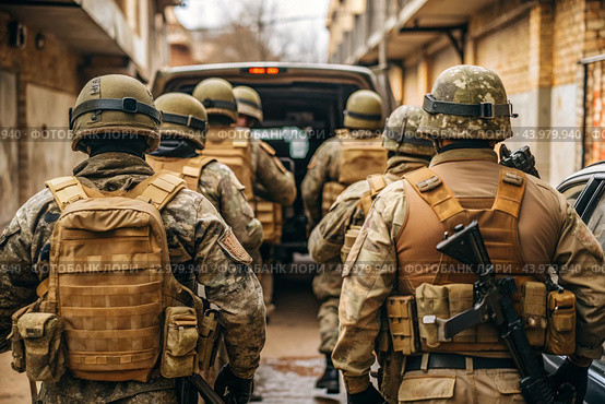 War. Military actions. Soldiers of the elite anti-terrorist unit of the army among the broken buildings. Clearing the territory from the enemy. Стоковое AI-изображение, AI-художник Photojuli / Фотобанк Лори
