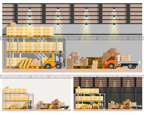 Warehouse Compositions Set . Warehouse orthogonal compositions set with van and loader flat isolated vector illustration . Стоковая иллюстрация, агентство Ingram Publishing / Фотобанк Лори
