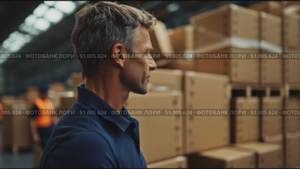 Warehouse manager overseeing operations while employees handle boxes at a distribution center. Стоковое AI-видео, аниматор Сергей Толмачёв / Фотобанк Лори