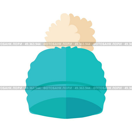 Warm blue hat with pompon vector. Flat design. . Warm Hat with Pompon Flat Design Illustration. Warm Hat with Pompon Flat Design Illustration. Стоковая иллюстрация, агентство Ingram Publishing / Фотобанк Лори