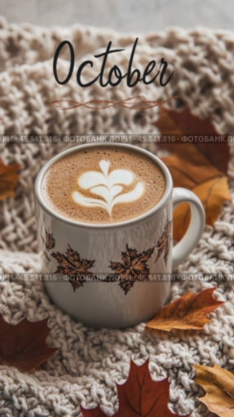 Warm cappuccino decorated with autumn maple leaves for october. Стоковое AI-видео, аниматор Юрий Поздников / Фотобанк Лори