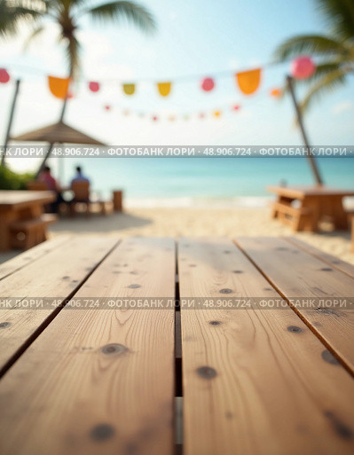 Warm sunlight bathes the wooden table in front of a serene beach, where colorful decorations sway gently in the breeze and the ocean sparkles invitingly beyond Generative AI. Стоковое AI-изображение, AI-художник Юлия Петровская / Фотобанк Лори