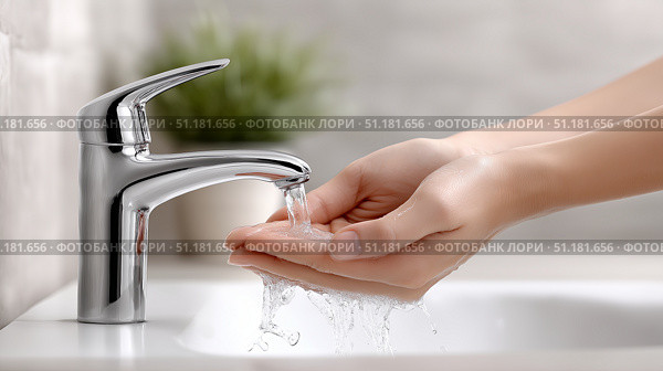 Washing hands at a modern sink with a sleek faucet in a bathroom setting. Стоковое AI-изображение, AI-художник Katsiaryna Repich / Фотобанк Лори