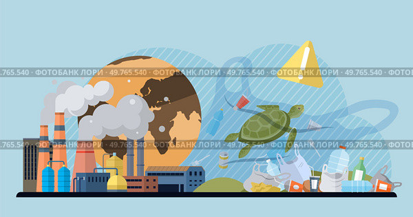 Waste pollution vector illustration. Climate action is necessary to address impact waste pollution on global warming Plastic pollution has become one most challenging environmental issues our time. Waste pollution. Adopting zero waste lifestyle can significantly reduce amount waste sent to landfills. Стоковая иллюстрация, агентство Ingram Publishing / Фотобанк Лори