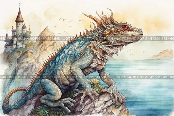 Water dragon splashes in the water against the backdrop of the sea and mountains, illustration, watercolor style, Generative AI. Стоковое AI-изображение, AI-художник Анна Кривицкая / Фотобанк Лори