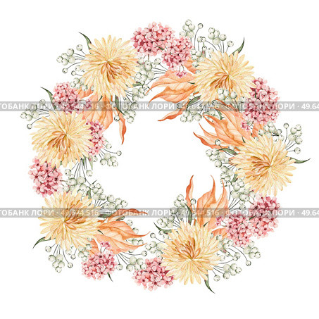 Watercolor autumn wreath with chrysanthemum flowers, leaves and berries. Illustration. Watercolor autumn wreath with chrysanthemum flowers, leaves and berries. Стоковое фото, агентство Ingram Publishing / Фотобанк Лори