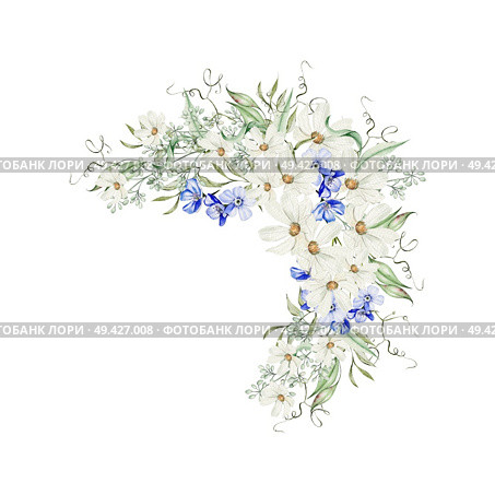 Watercolor bouquet with forget me not flowers and chamomile, green leaves.  Illustration. Watercolor bouquet with forget me not flowers and chamomile, green leaves. Стоковое фото, агентство Ingram Publishing / Фотобанк Лори
