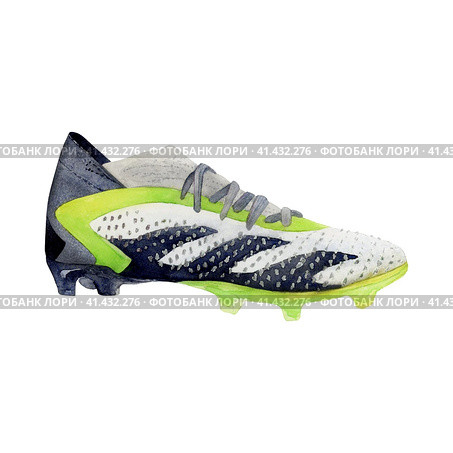 Watercolor drawing of football studded boots with lace yellow white and black. Scillfully painted illustration isolated on white background. For wallpapers, logo banners icon cards box. Стоковая иллюстрация, иллюстратор Alena Belenova / Фотобанк Лори
