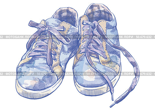 Watercolor drawing of sneakers. Realistic illustration of shoes with laces. Blue worn sneakers for travel and sports. For postcards, stickers, T-shirts, notebooks, shoppers. Artistic illustration. Стоковая иллюстрация, иллюстратор Larisa Hamukova / Фотобанк Лори
