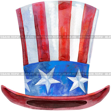Watercolor drawing of the top cap with American Flag. Uncle Sam Hat. Стоковая иллюстрация, иллюстратор Наталья Андрейченко / Фотобанк Лори