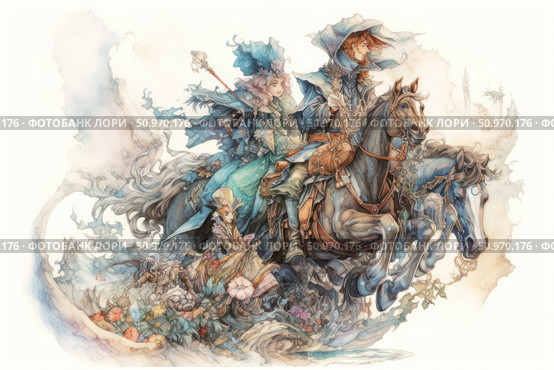 Watercolor fantasy illustration depicting a group of fairy-tale characters riding horses. The central figures are a magician and a sorceress in elegant cloaks and hats, with staffs and scrolls, accompanied by an elven girl and mysterious creatures. The plot is filled with magic, details of nature, flowers and fantastic shapes. A light smoky palette, gentle lines and a dreamy atmosphere create the effect of a fairy tale and a magical journey. Стоковое AI-изображение, AI-художник Анна Кривицкая / Фотобанк Лори