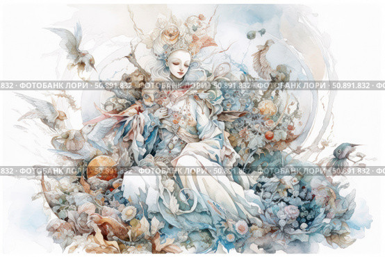 Watercolor fantasy illustration of a mystical woman surrounded by birds, flowers and natural symbols. Her outfit resembles a magical cloud in which elements of nature and space are intertwined. The picture is filled with light, air and mystery. Perfect for use in the themes of magic, fairy tales, spirituality, fantasy and fine art. Стоковое AI-изображение, AI-художник Анна Кривицкая / Фотобанк Лори