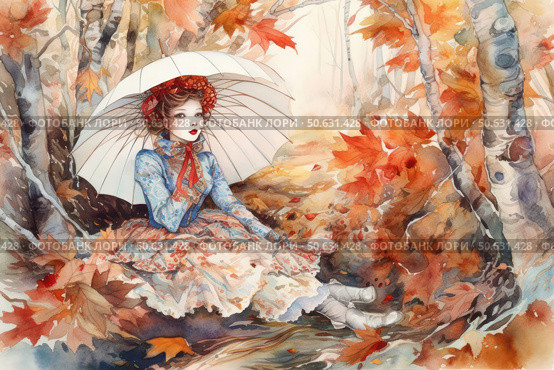 Watercolor illustration in a romantic style: a young girl in a vintage dress with lace and floral ornament sits in an autumn forest, holding a light umbrella above her. Her outfit and hairstyle refer to the fashion of the 19th century. Around are birch trees and colorful maple leaves in warm autumn shades. The atmosphere is melancholic and poetic, like a scene from a sentimental story. Suitable for themes of romance, autumn, retro style, fashion and seasonal mood. Стоковое AI-изображение, AI-художник Анна Кривицкая / Фотобанк Лори