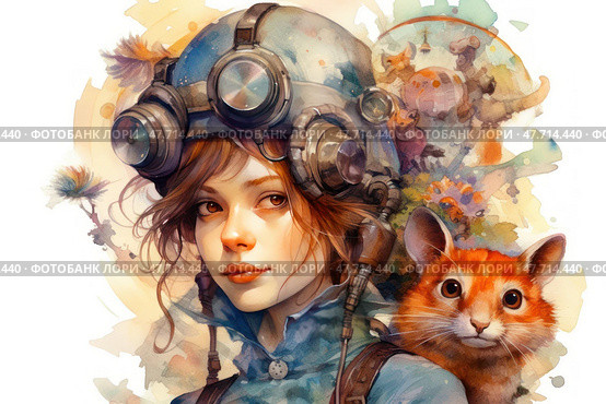 Watercolor illustration in the steampunk fantasy genre: a young girl with red hair in a protective helmet with large mechanical glasses. On her shoulder sits a cute furry animal, reminiscent of a mix of a kitten and a fox. Behind the girl is a bright and fantastic scene with balloons, mechanisms and bizarre creatures. The image conveys an atmosphere of adventure, ingenuity and magic, ideal for the design of children's books, games, as well as fantasy and steampunk projects. Стоковое AI-изображение, AI-художник Анна Кривицкая / Фотобанк Лори