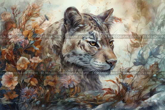 Watercolor illustration of a leopard (or snow leopard) hiding among dense foliage and wildflowers. The predator is depicted in high detail, its gaze is focused and alert, emphasizing wild grace and strength. Soft color transitions and a picturesque background create harmony between the animal and nature. Suitable for art projects, posters, book covers, nature and animal themes. Стоковое AI-изображение, AI-художник Анна Кривицкая / Фотобанк Лори